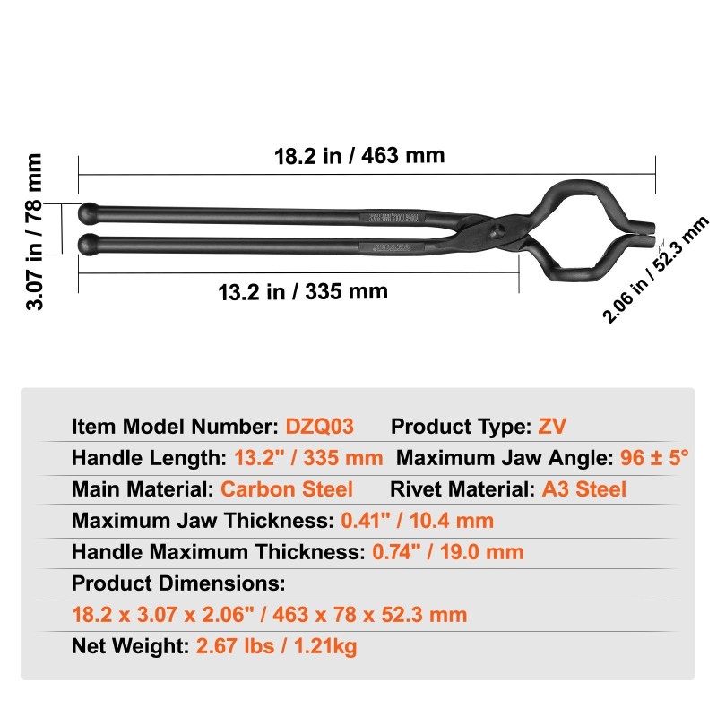 Sepänpihdit hiiliteräksiset 463 mm Z-muotoisilla V-leuoilla A3-teräsniitit