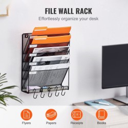 Metallinen seinälle kiinnitettävä verkkomallinen mapputeline kuudelle taskulle nimikelapuilla