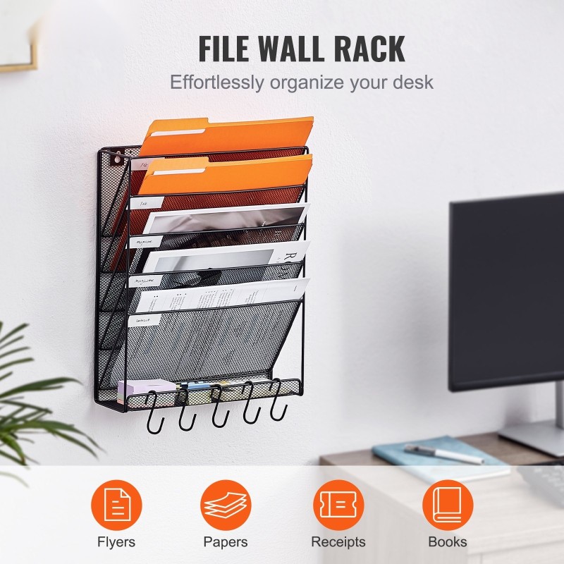 Metallinen seinälle kiinnitettävä verkkomallinen mapputeline kuudelle taskulle nimikelapuilla