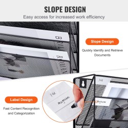 Metallinen seinälle kiinnitettävä verkkomallinen mapputeline kuudelle taskulle nimikelapuilla