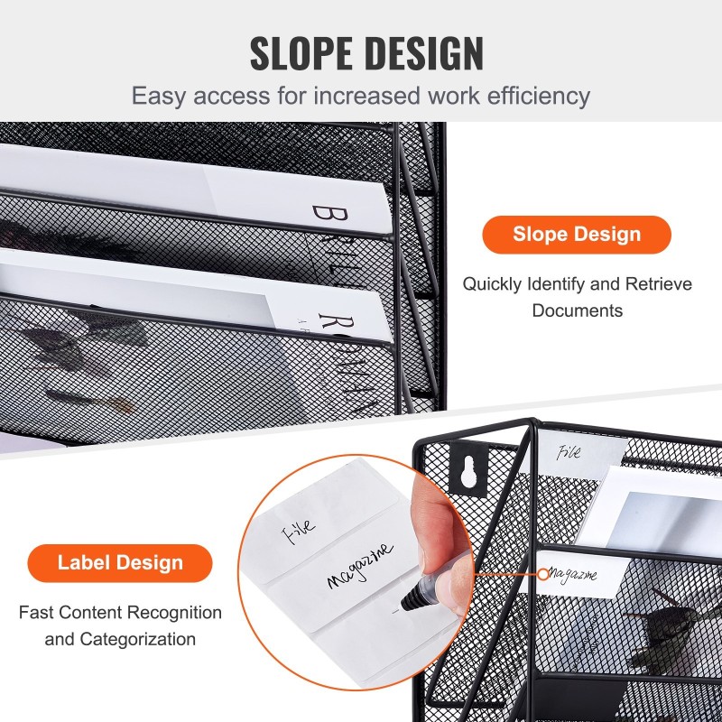 Metallinen seinälle kiinnitettävä verkkomallinen mapputeline kuudelle taskulle nimikelapuilla