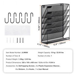 Metallinen seinälle kiinnitettävä verkkomallinen mapputeline kuudelle taskulle nimikelapuilla