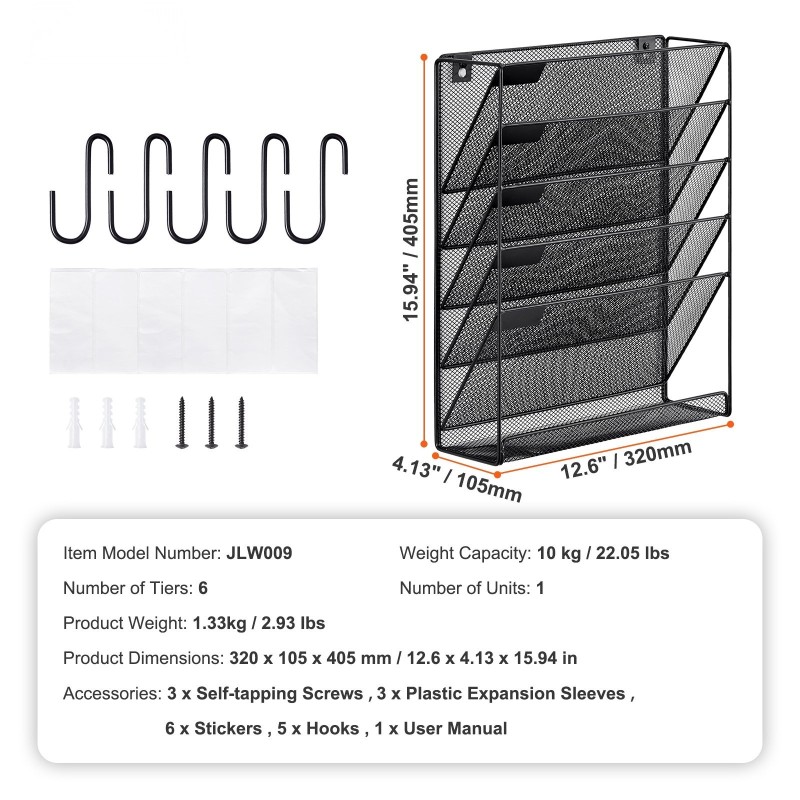 Metallinen seinälle kiinnitettävä verkkomallinen mapputeline kuudelle taskulle nimikelapuilla