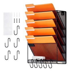 Metallinen seinälle kiinnitettävä verkkomallinen mapputeline kuudelle taskulle nimikelapuilla