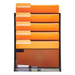 Metallinen seinälle kiinnitettävä verkkomallinen mapputeline kuudelle taskulle nimikelapuilla