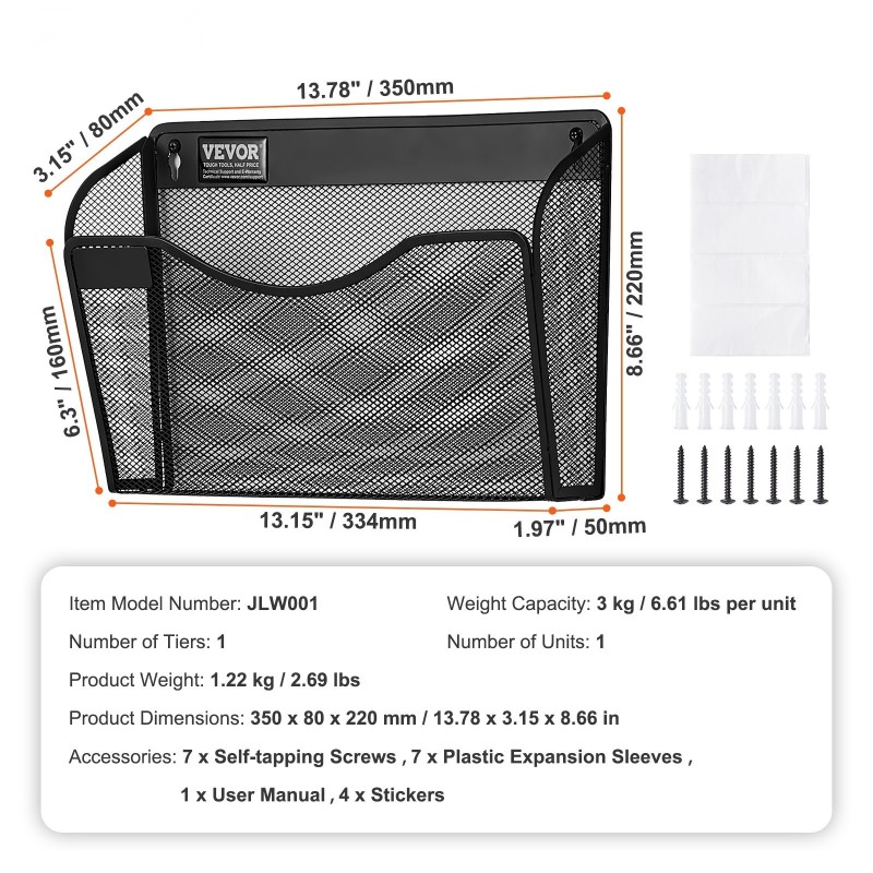 Metallinen seinälle kiinnitettävä kolmeosainen yksitaskuinen asiakirjateline toimistoon kotiin kouluun