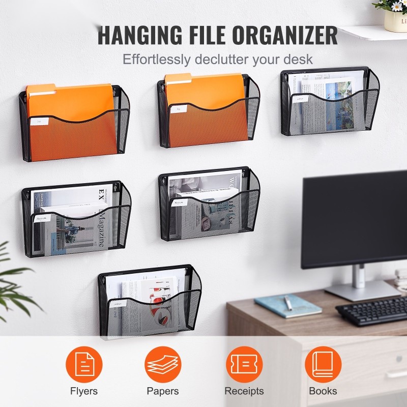 Seinälle kiinnitettävä metallinen arkistoteline 6 verkkolokerolla ja nimilapuille