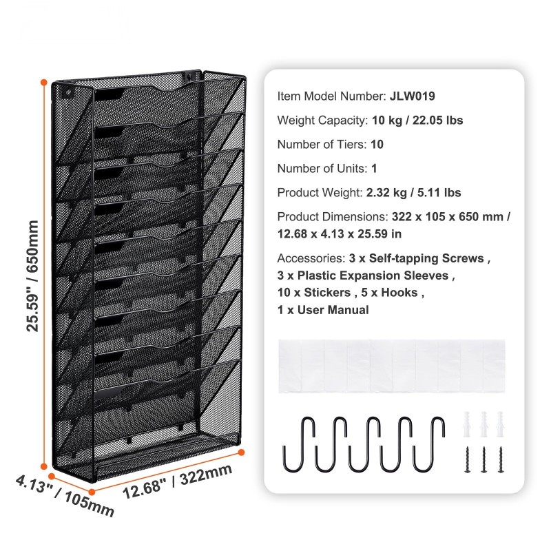 Metallinen verkkorakenteinen seinälle asennettava asiakirjateline 10 taskua nimikentillä toimisto koti koulu