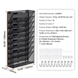 Metallinen seinäkiinnitteinen asiakirjateline 2 yksikköä 10 taskua nimikentillä verkkorakenteella toimistoon kotiin kouluun