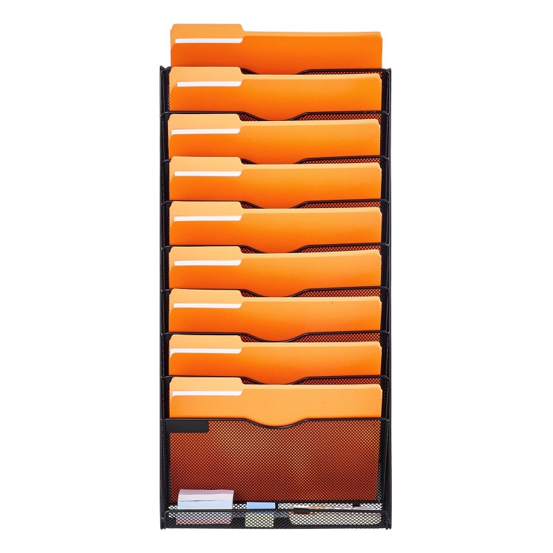 Metallinen seinäkiinnitteinen asiakirjateline 2 yksikköä 10 taskua nimikentillä verkkorakenteella toimistoon kotiin kouluun