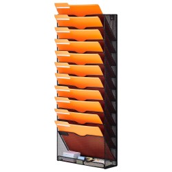 Seinälle asennettava metallinen 12 taskuinen verkkorakenteinen asiakirjalokero nimikointipaikoilla