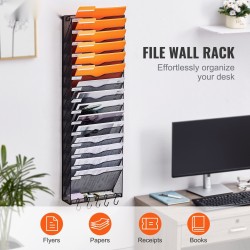 Seinälle asennettava metallinen asiakirjateline yhdestä osasta valmistettu kuusitoista verkkotaskua