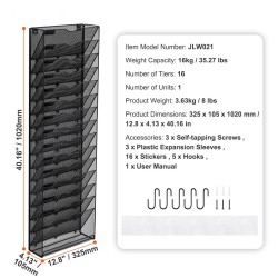 Seinälle asennettava metallinen asiakirjateline yhdestä osasta valmistettu kuusitoista verkkotaskua