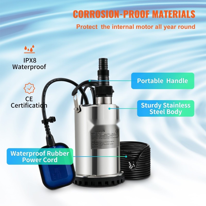 Uppopumppu ruostumattomasta teräksestä 550W 9500 l/h 10 m johdolla automaattisella kellukekytkimellä