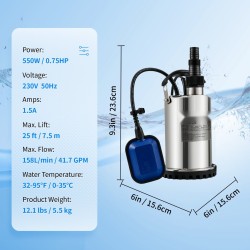 Uppopumppu ruostumattomasta teräksestä 550W 9500 l/h 10 m johdolla automaattisella kellukekytkimellä