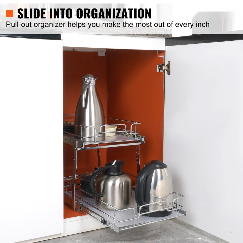 Ulosvedettävä kaapinhylly kaksitasoinen kromipinnoitettu teräs asennuskoko 385x569x483 mm