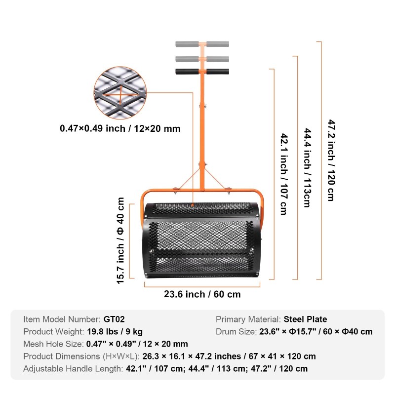 Kompostin levitin teräsrunkoinen 61 cm rumpu säädettävä T-kahva musta