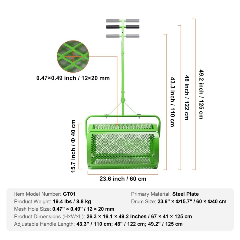 Kompostin ja turpeen levitin teräksinen verkko 24 tuuman rullakori korkeussäädettävällä T-mallisella aisalla