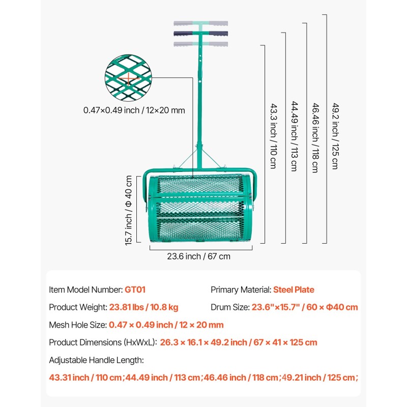 Kompostinlevitin jauhemaalattua terästä 24 tuuman rummulla neliasentoinen kahva siemenille ja lannoitteille