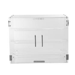 Kolmitasoinen akryylinen pöytämallinen leivonnaiskaappi irrotettavilla tarjottimilla takaovella