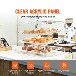 Kolmitasoinen akryylinen pöytämallinen leivonnaiskaappi irrotettavilla tarjottimilla takaovella