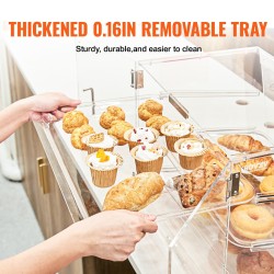 Kolmitasoinen akryylinen pöytämallinen leivonnaiskaappi irrotettavilla tarjottimilla takaovella