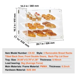 Kolmitasoinen akryylinen pöytämallinen leivonnaiskaappi irrotettavilla tarjottimilla takaovella