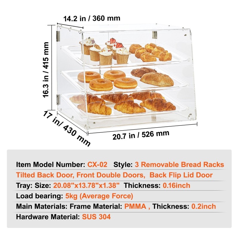 Kolmitasoinen akryylinen pöytämallinen leivonnaiskaappi irrotettavilla tarjottimilla takaovella