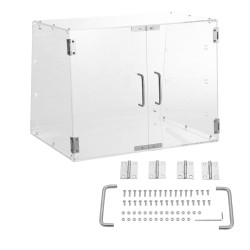 Kolmitasoinen akryylinen pöytämallinen leivonnaiskaappi irrotettavilla tarjottimilla takaovella