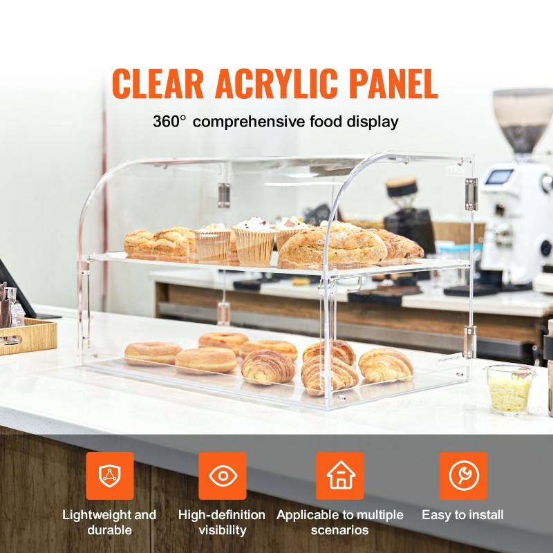 Akryylinen kaksitasoinen leivonnaisten esillepanokaappi 56×36×36 cm irrotettavilla hyllyillä