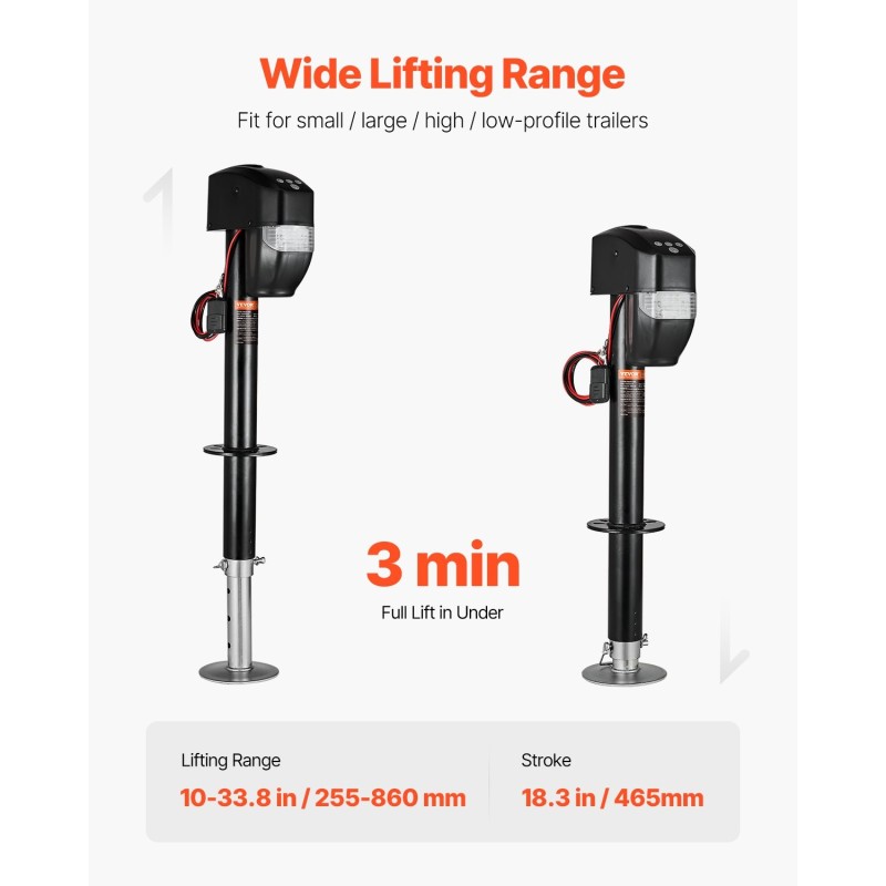 Sähköinen perävaunutunkki hiiliteräs 2267 kg kantavuus 255–860 mm nostoalue 12 V moottori