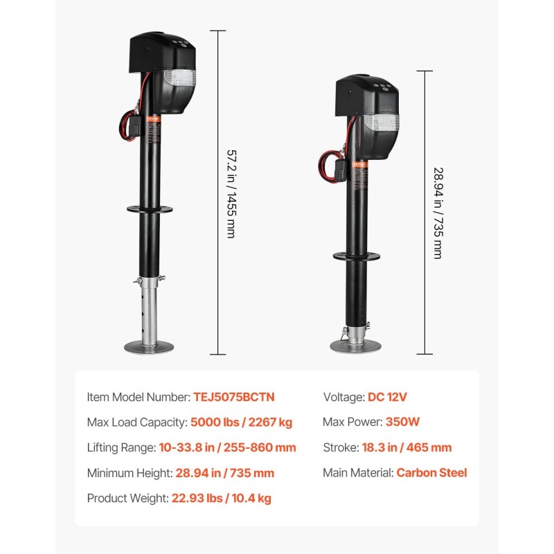 Sähköinen perävaunutunkki hiiliteräs 2267 kg kantavuus 255–860 mm nostoalue 12 V moottori