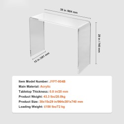 Akryylinen U-muotoinen konsolipöytä läpinäkyvä 20 mm paksu 964x381x740 mm