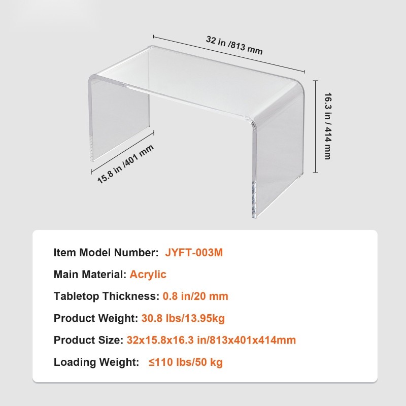Akryylinen U-muotoinen sivupöytä 414 mm korkea 20 mm kansilevy läpinäkyvä