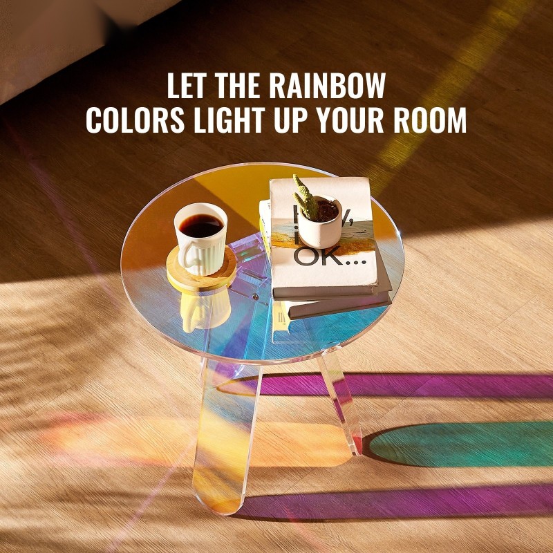 Pyöreä akryylisivupöytä läpinäkyvä hohtava sateenkaarisävy läpimitta 450 mm korkeus 480 mm