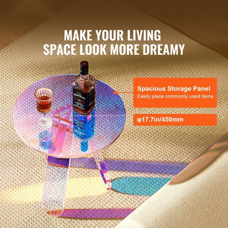 Pyöreä akryylisivupöytä läpinäkyvä hohtava sateenkaarisävy läpimitta 450 mm korkeus 480 mm