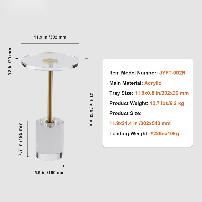 Pääty ja sivupöytä läpinäkyvästä akryylistä 302 mm pyöreällä levyllä korkeus 543 mm