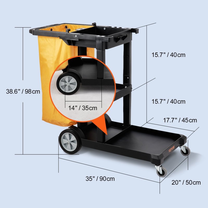 3-tasoinen siivousvaunu PP-runko PVC-jätesäkki 94,6 l 90,7 kg kantavuus