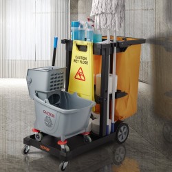 3-tasoinen siivousvaunu PP-runko PVC-jätesäkki 94,6 l 90,7 kg kantavuus