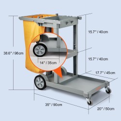 3-tasoinen siivousvaunu PP-rakenteinen 94,6 l PVC-jätesäkillä 90,7 kg kantavuus keltainen harmaa