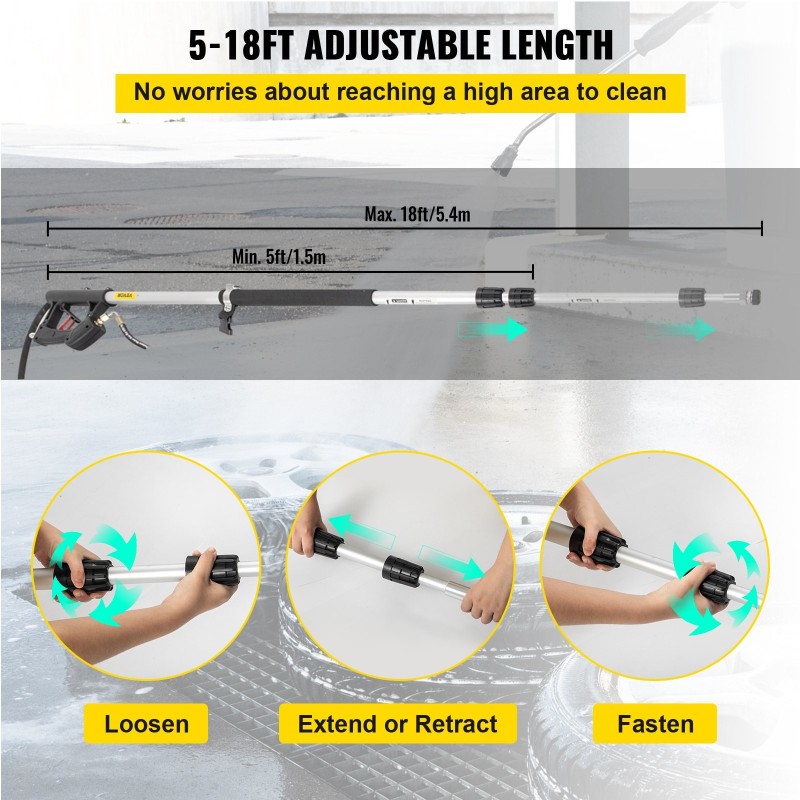 Teleskooppivarsi painepesuriin 1,5–5,4 m 4000 PSI alumiini ruostumaton teräs 5 suutinta