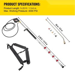 Painepesurin teleskooppivarsi alumiiniseos ja ruostumaton teräs 1,5–6 m 5-osainen 4000 PSI