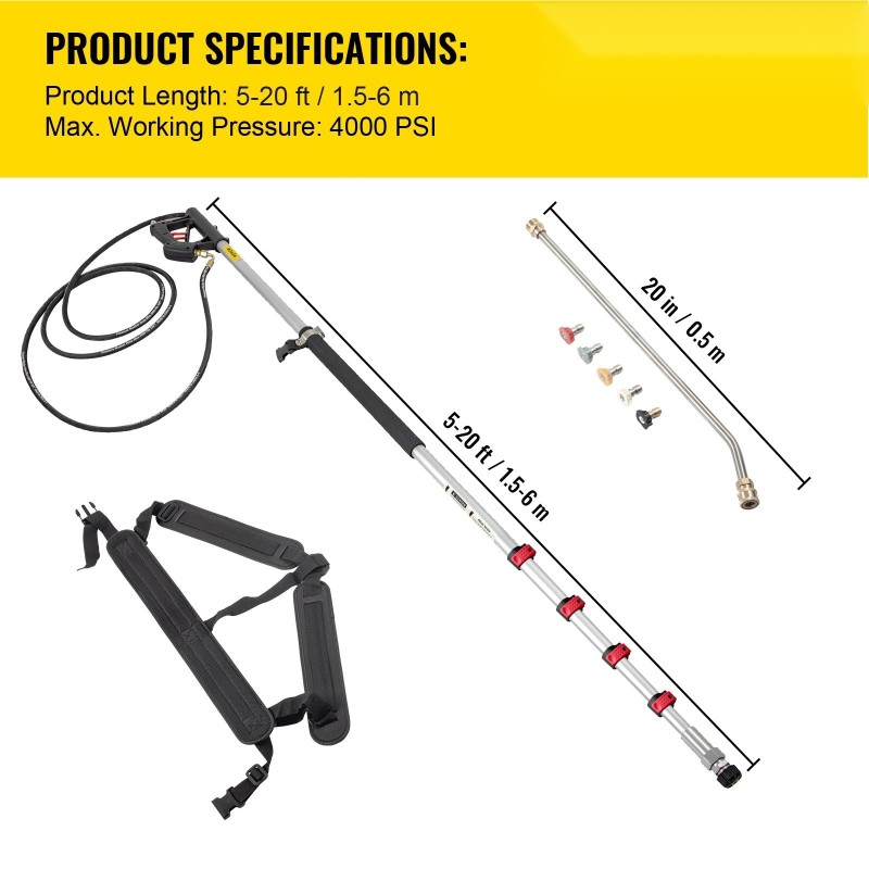 Painepesurin teleskooppivarsi alumiiniseos ja ruostumaton teräs 1,5–6 m 5-osainen 4000 PSI
