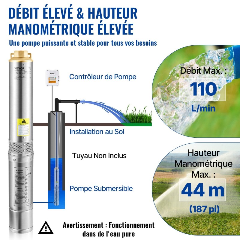 Syvän kaivon uppopumppu ruostumatonta terästä 10,2 cm 370W 110 l/min 44 m