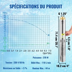 Syvän kaivon uppopumppu ruostumatonta terästä 10,2 cm 370W 110 l/min 44 m