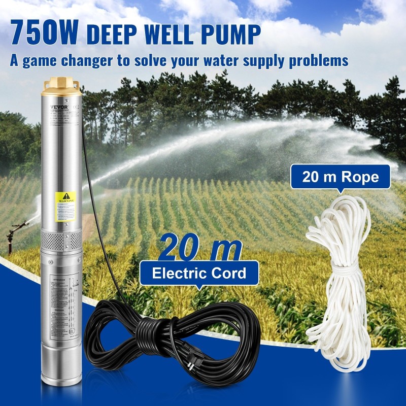 Uppopumppu syväkaivoon ruostumatonta terästä 750W 105 l/min 62 m nostokorkeus