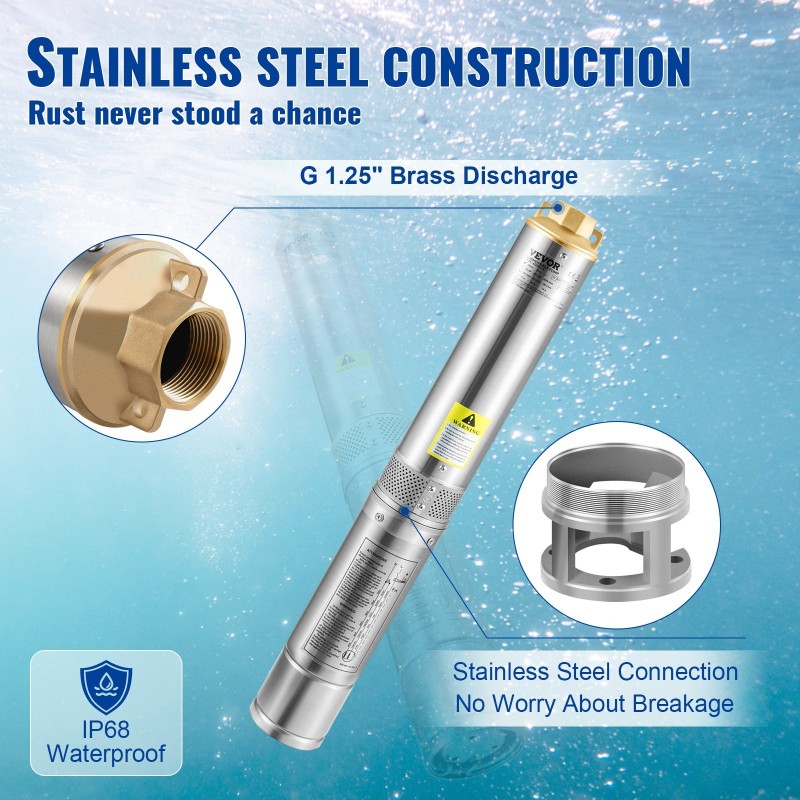 Uppopumppu syväkaivoon ruostumatonta terästä 750W 105 l/min 62 m nostokorkeus