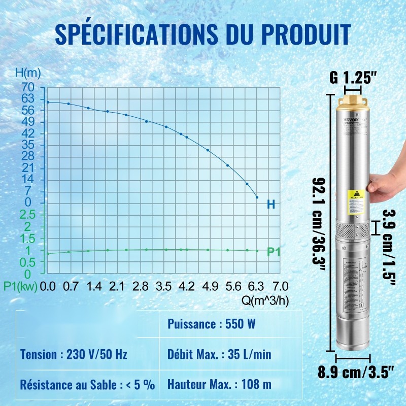 Syvän kaivon uppopumppu ruostumaton teräs 7,6 cm 550 W 35 l/min