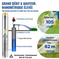 Uppopumppu ruostumatonta terästä 750W 105 l/min 62 m 20 m johto