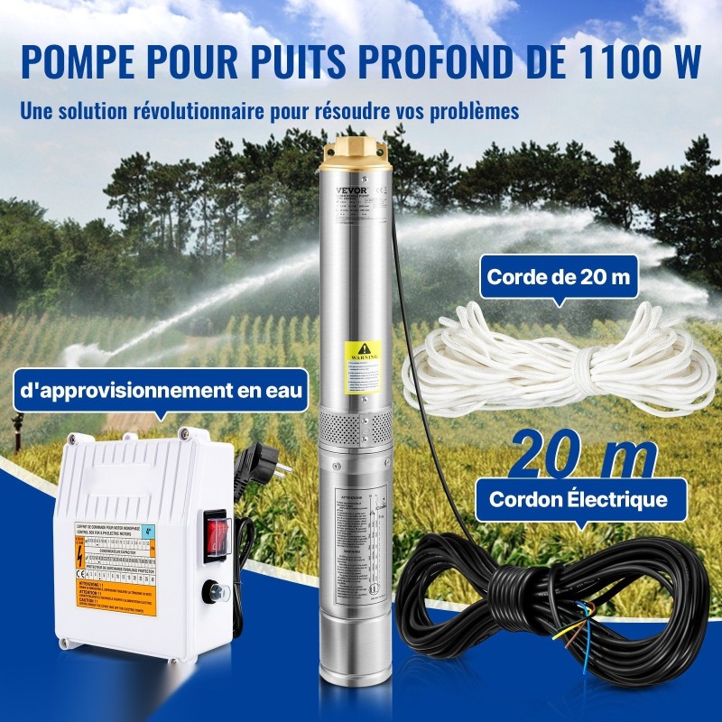 Upotettava syväkaivopumppu 1100W ruostumaton teräs 190 l/min virtaus 57 m nostokorkeus